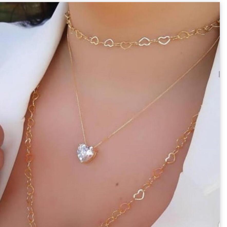 Mix de colares com corrente elo de coração folheado a ouro 18k