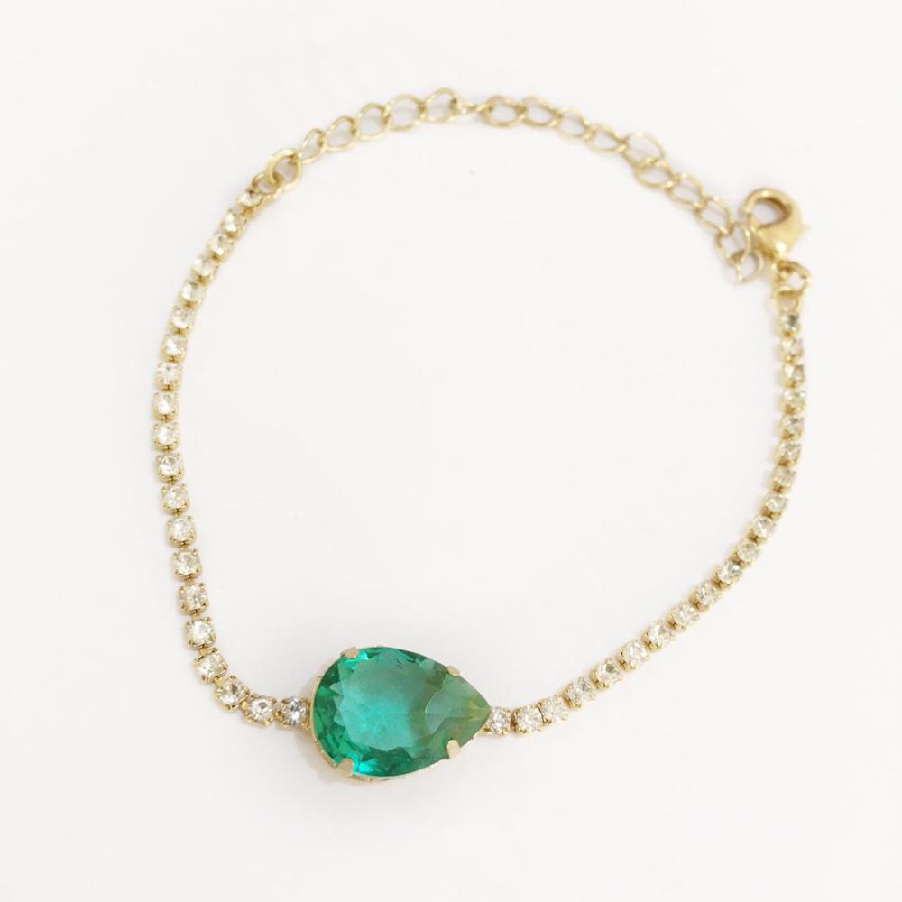 Pulseira com strass e gota zircônia esmeralda folheada a ouro 18k