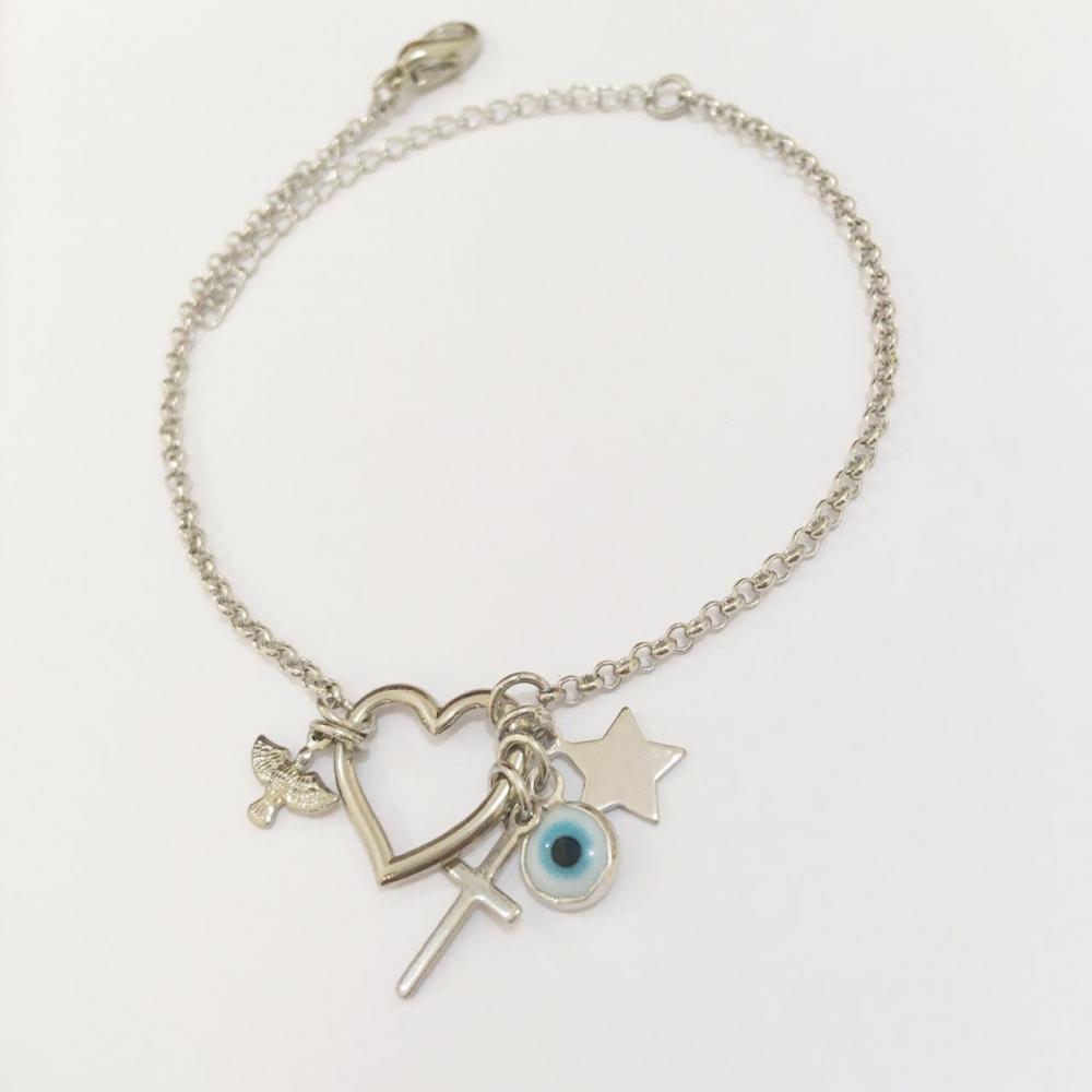 Pulseira Prata Ródio Branco com pingentes