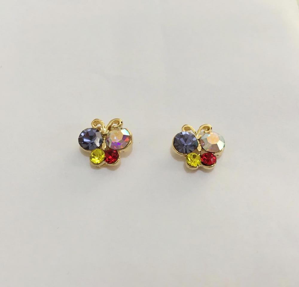 Brinco de borboleta infantil com strass colorido folheado a ouro 18k