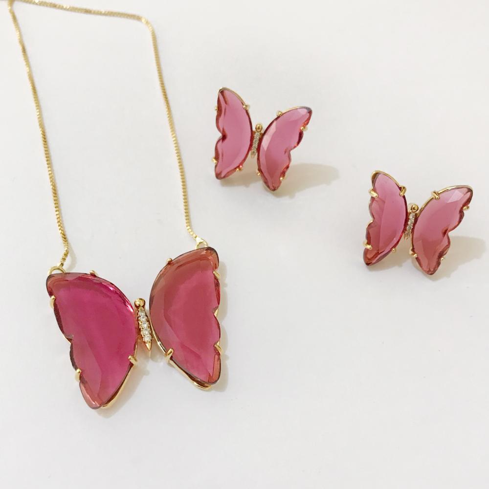 Conjunto de borboleta com zircônia de vidro folheada a ouro 18k