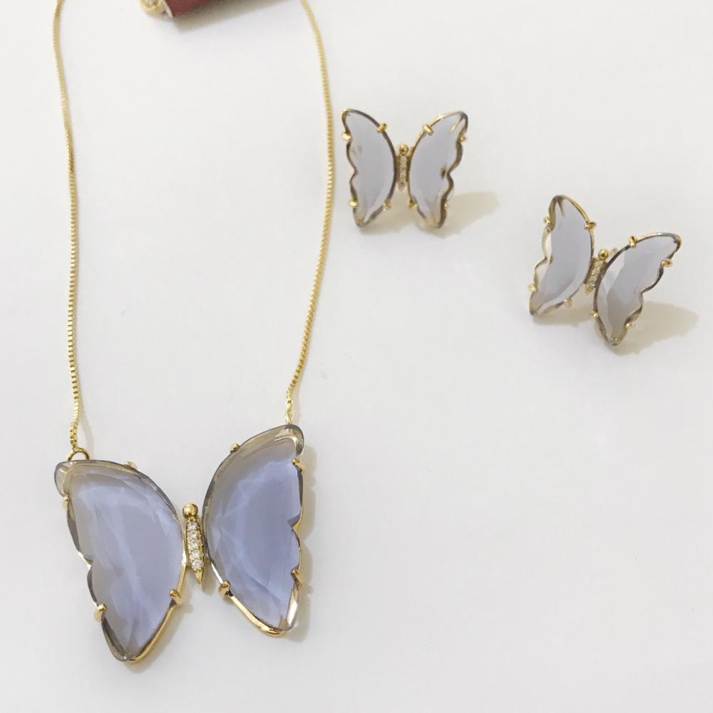 Conjunto de borboleta com zircônia de vidro folheada a ouro 18k
