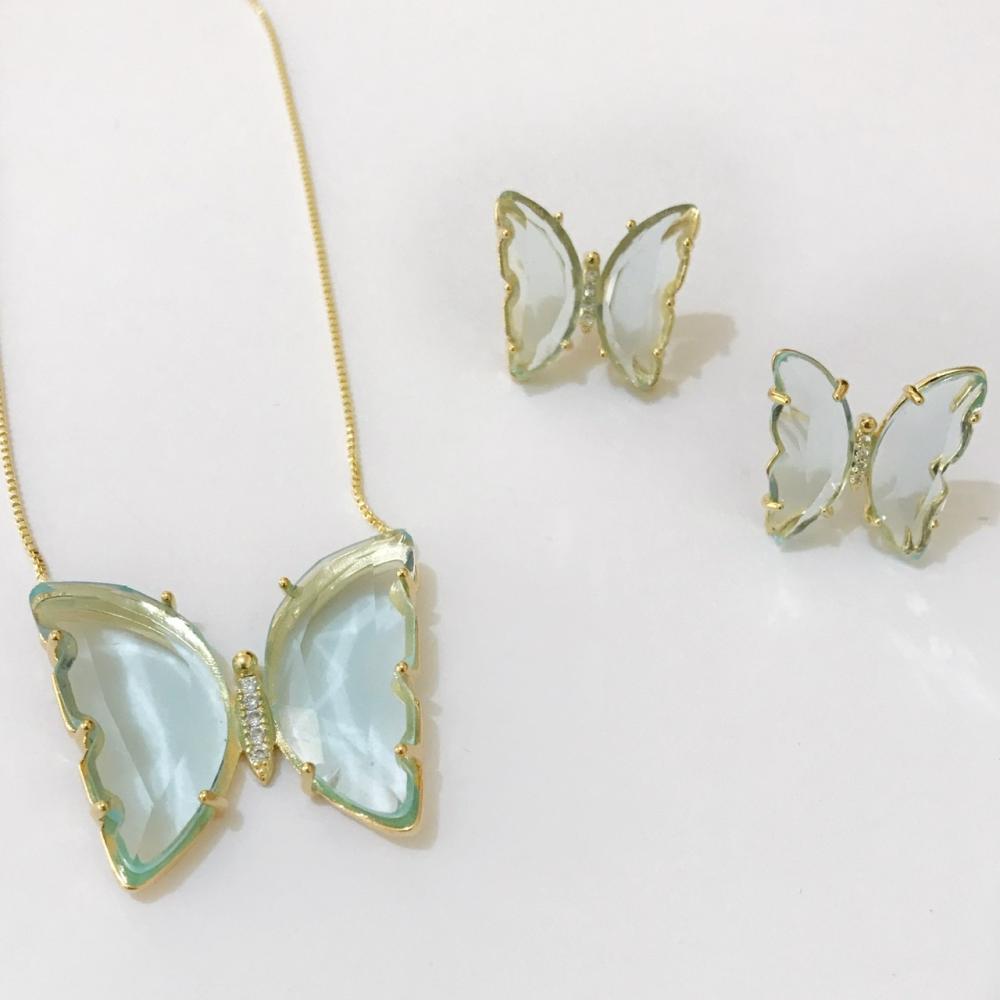 Conjunto de borboleta com zircônia de vidro folheada a ouro 18k