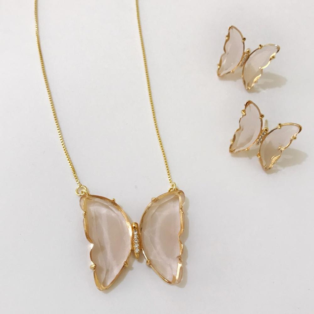 Conjunto de borboleta com zircônia de vidro folheada a ouro 18k