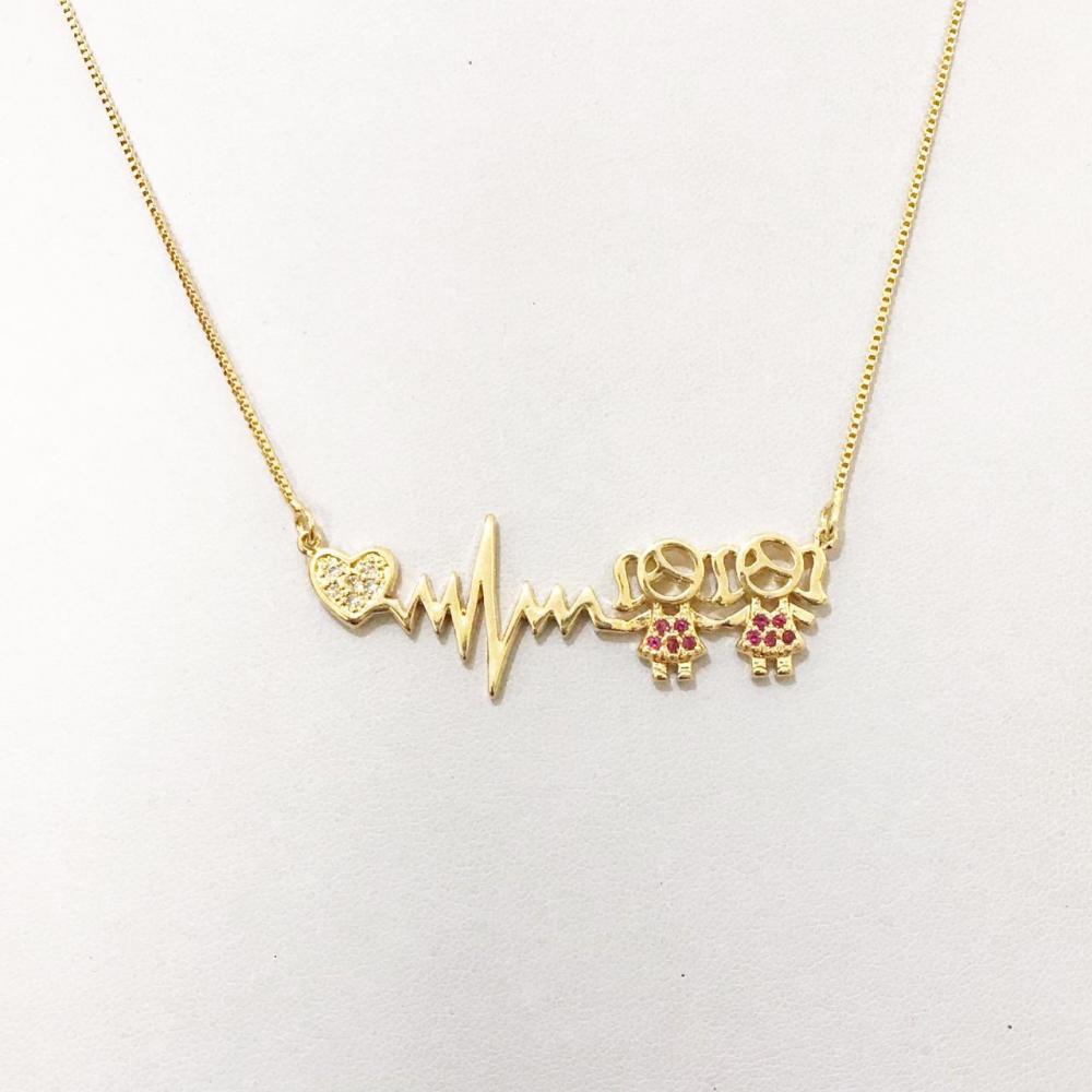 Colar Personalizado com batimentos com duas meninas Folheado a ouro 18k