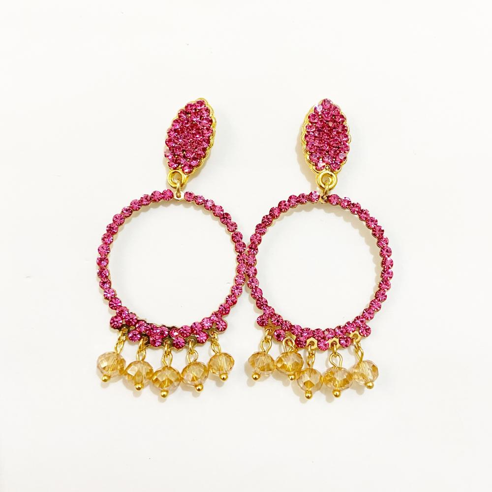 Brinco de argola com strass rose folheado a ouro 18k