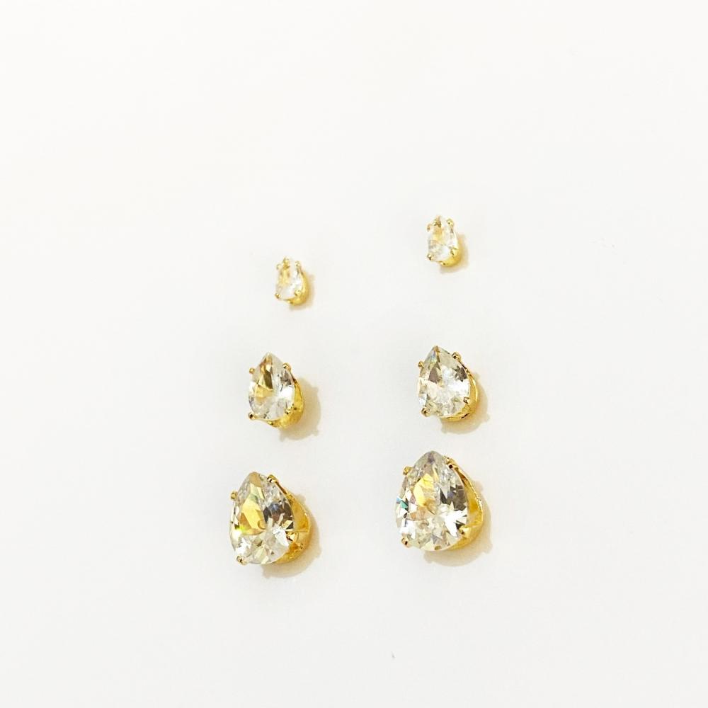 Brinco trio de gota cravejado com zircônia folheado a ouro 18k
