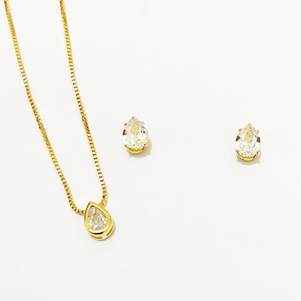 Conjunto de gota cravejado com zircônia folheado a ouro 18k