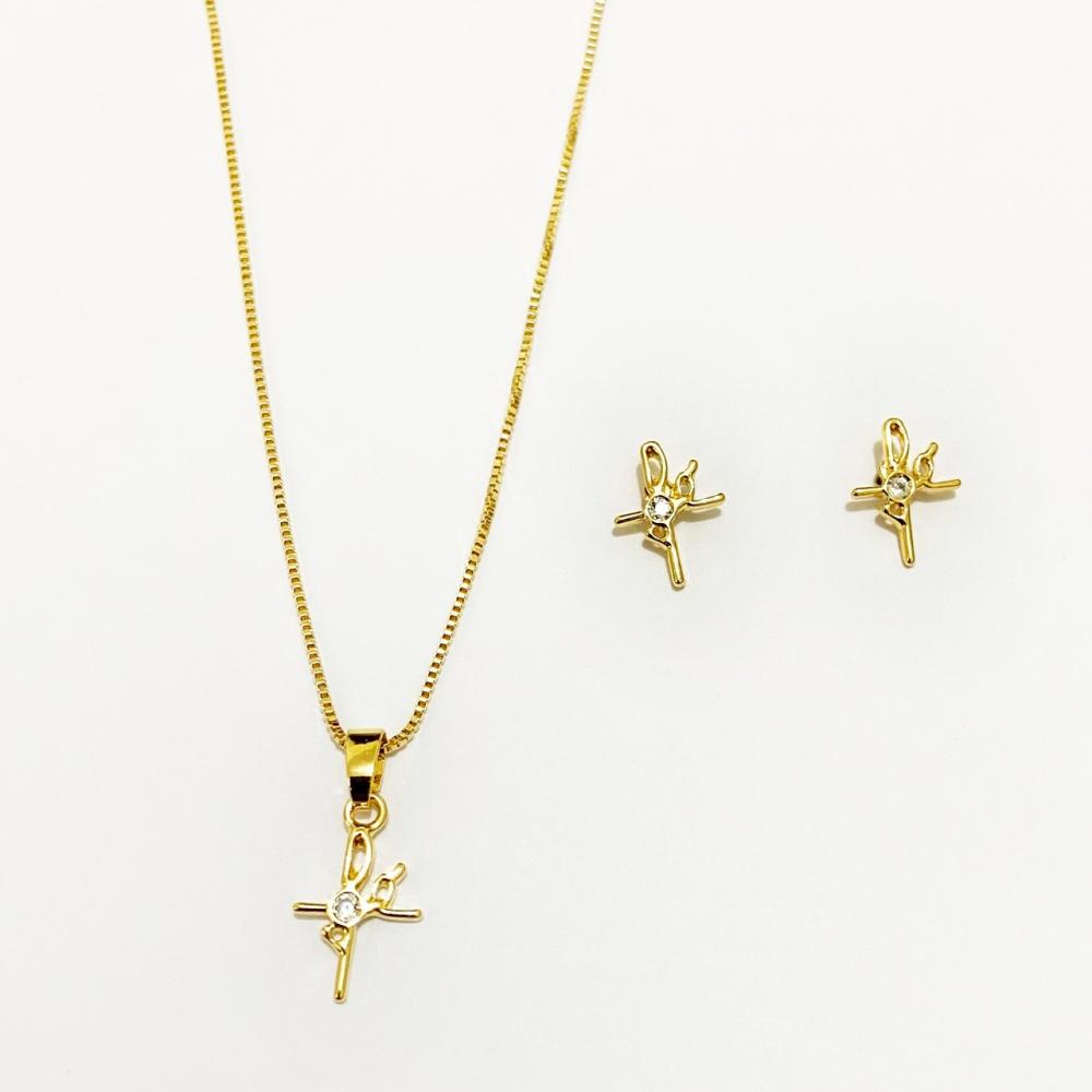 Conjunto com pingente de fé com zircônia cravejada com zircônia folheado a ouro 18k