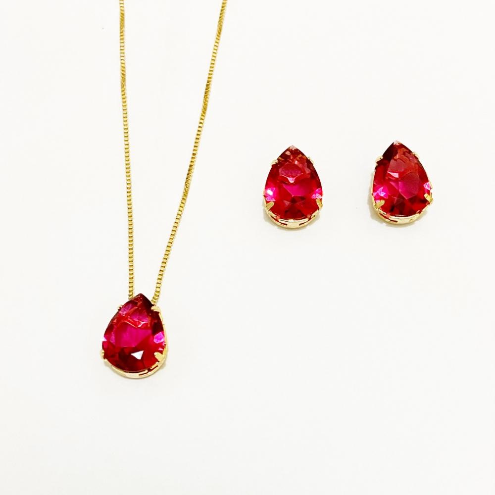 Conjunto de gota pequena cravejada com zircônia folheada a ouro 18k