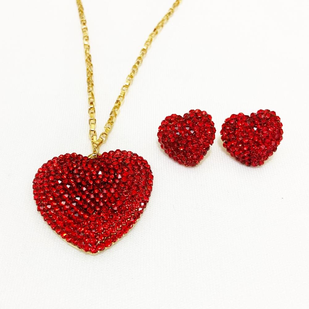 Conjunto de coração com strass Vermelho folheado a ouro 18k