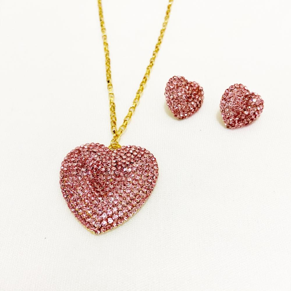 Conjunto de coração com strass light rose folheado a ouro 18k