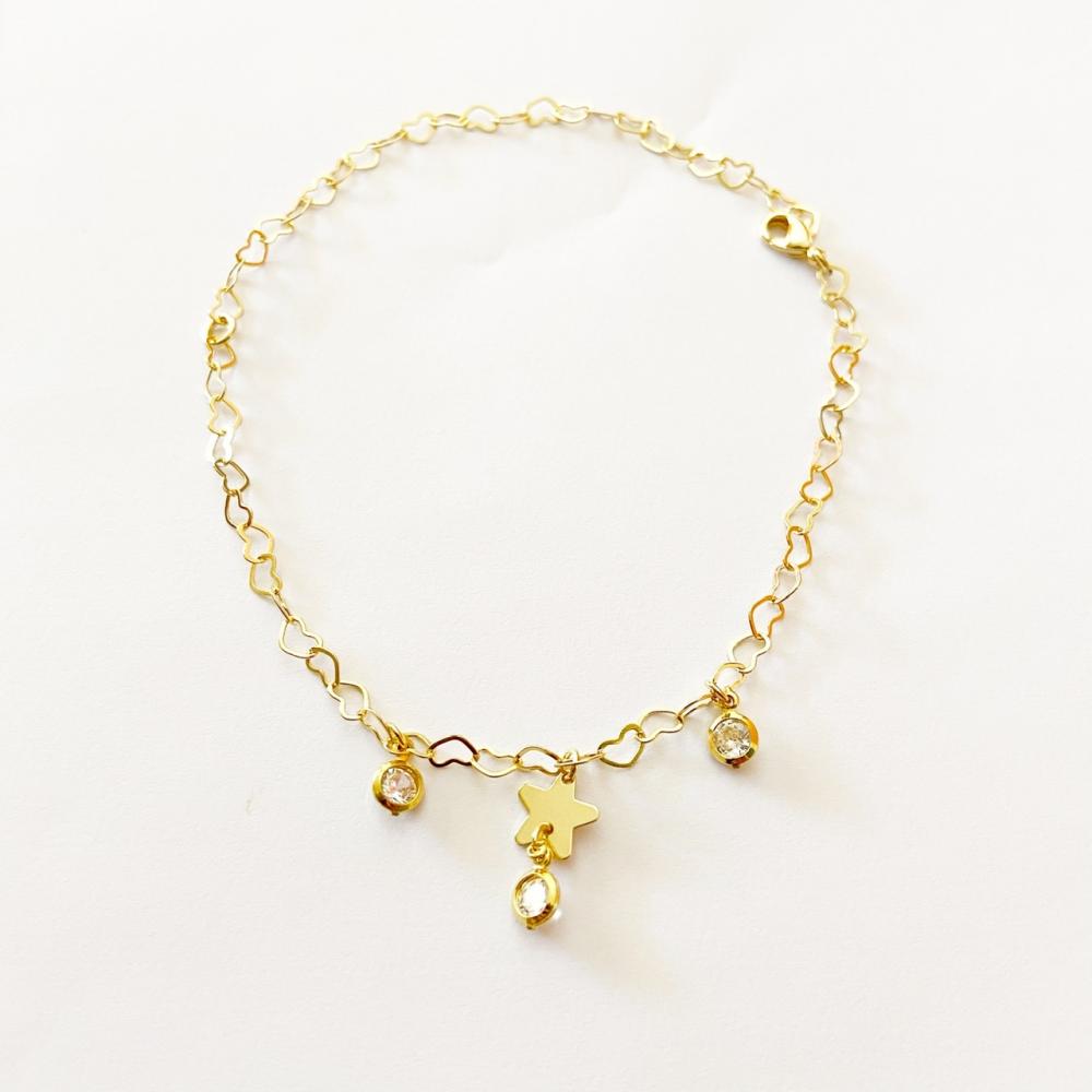 Tornozeleira com corrente de coração e pingente de strass com estrela folheada a ouro  18k