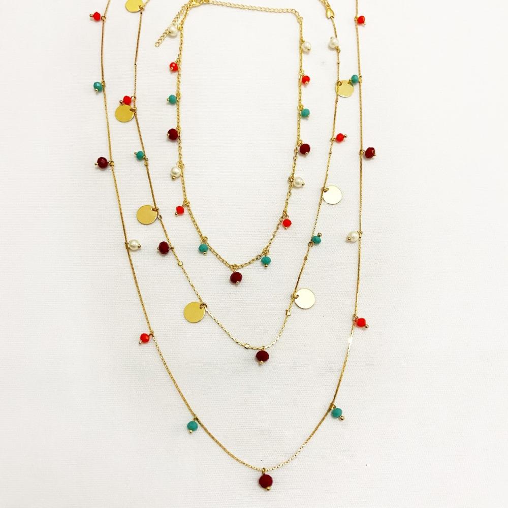 Mix de colares com bolinhas de vidro colorida folheado a ouro 18k