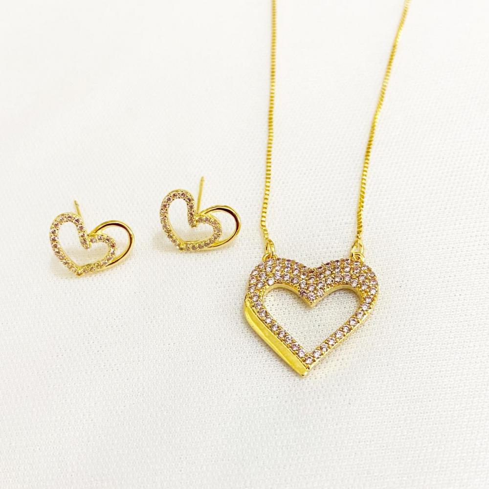 Conjunto de coração com zircônia cravejada rose folheado a ouro 18k 