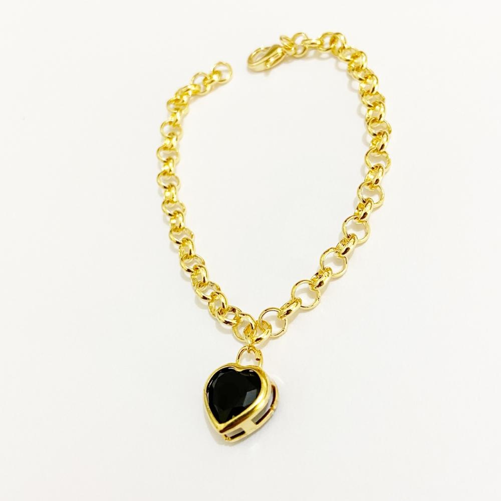 Pulseira elo português com pingente de coração cravejado folheado a ouro 18k