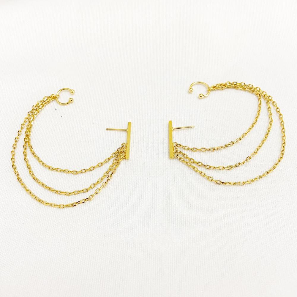 Brinco earcuff com piercing fake folheado a ouro 18k