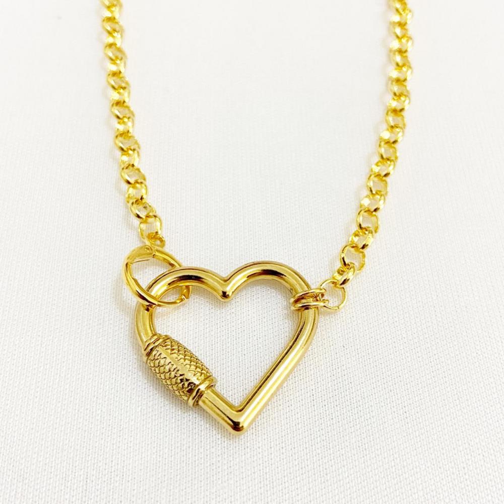 Colar com corrente elo português e pingente de coração folheado a ouro 18k 