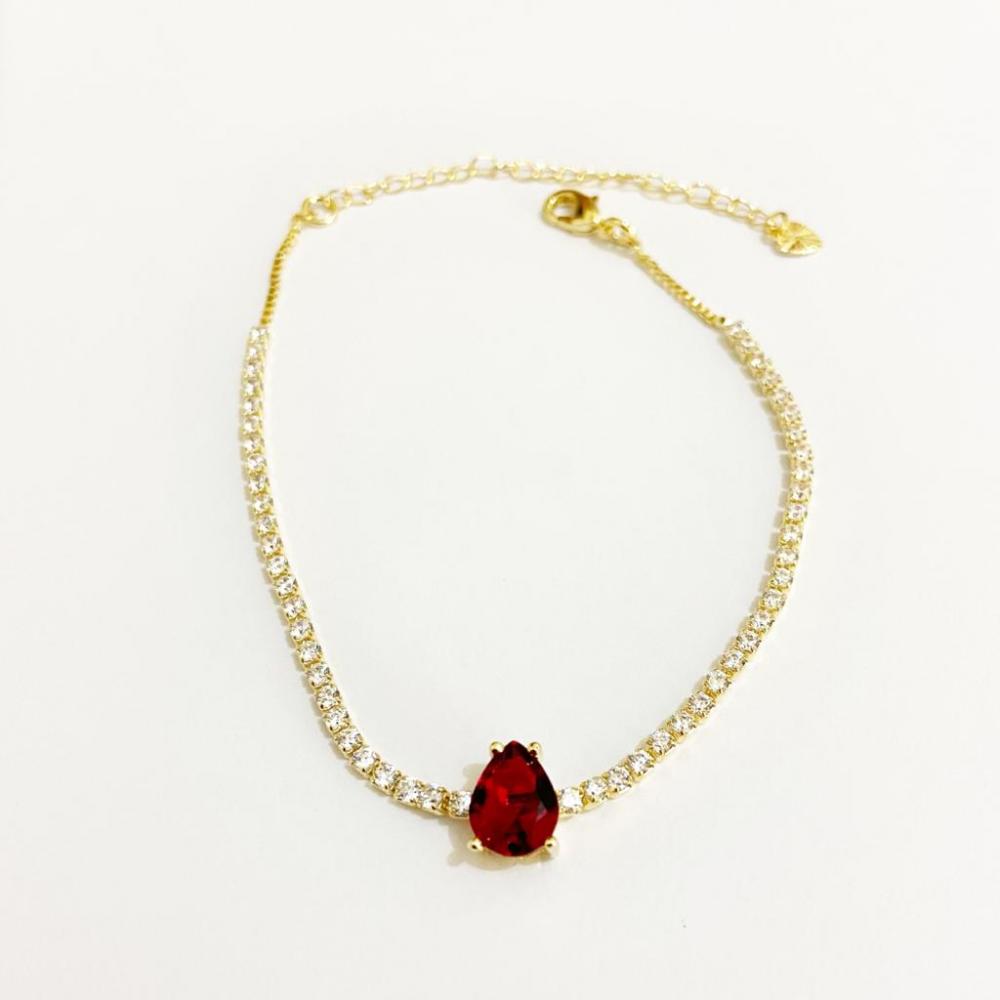Pulseira com corrente de zircônia e pingente de gota na cor siam folheado a ouro 18k 