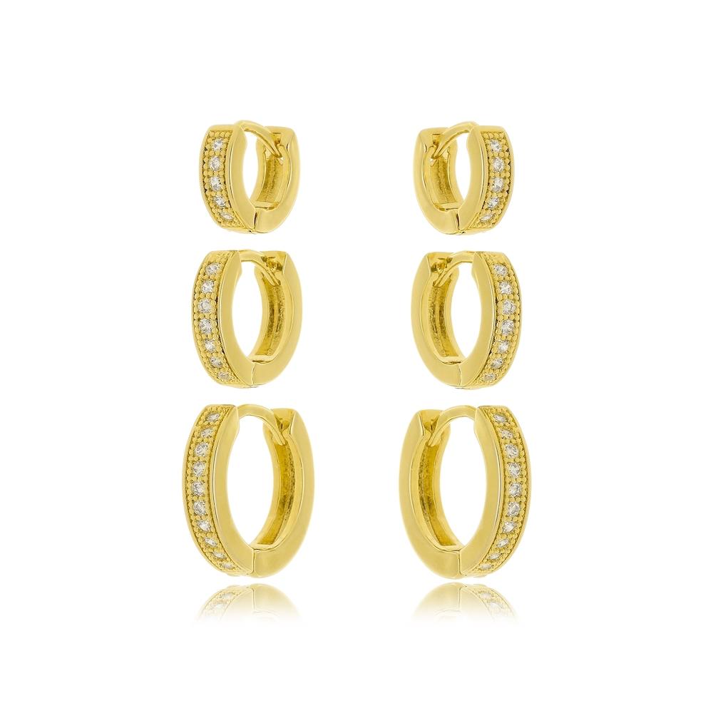 Brinco trio de argola cravejada com zircônia folheado a ouro 18k