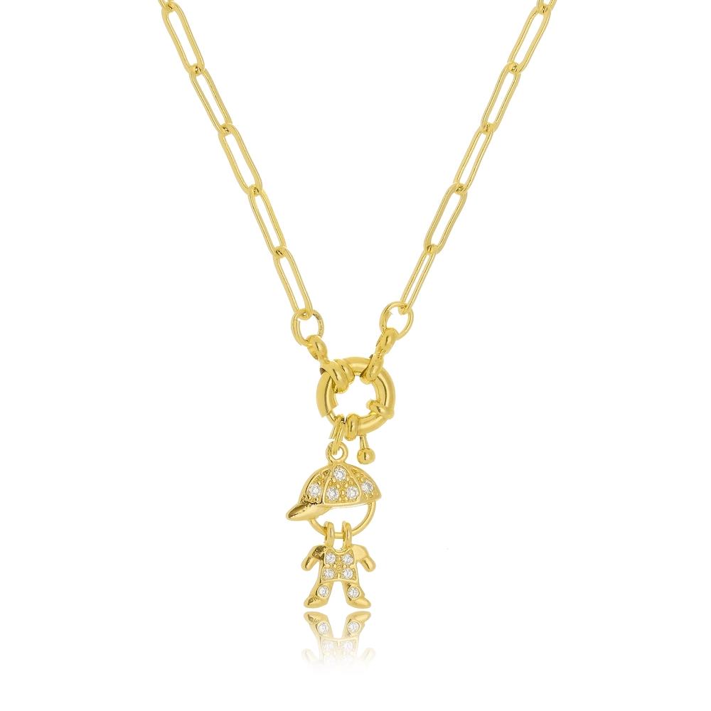 Colar com fecho de boia e pingente de menino folheado a ouro 18k 