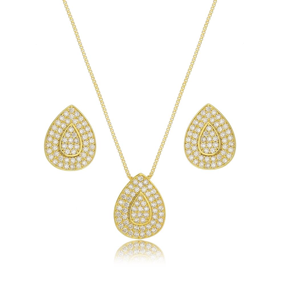 Conjunto de gota cravejado com zircônia folheado a ouro 18k