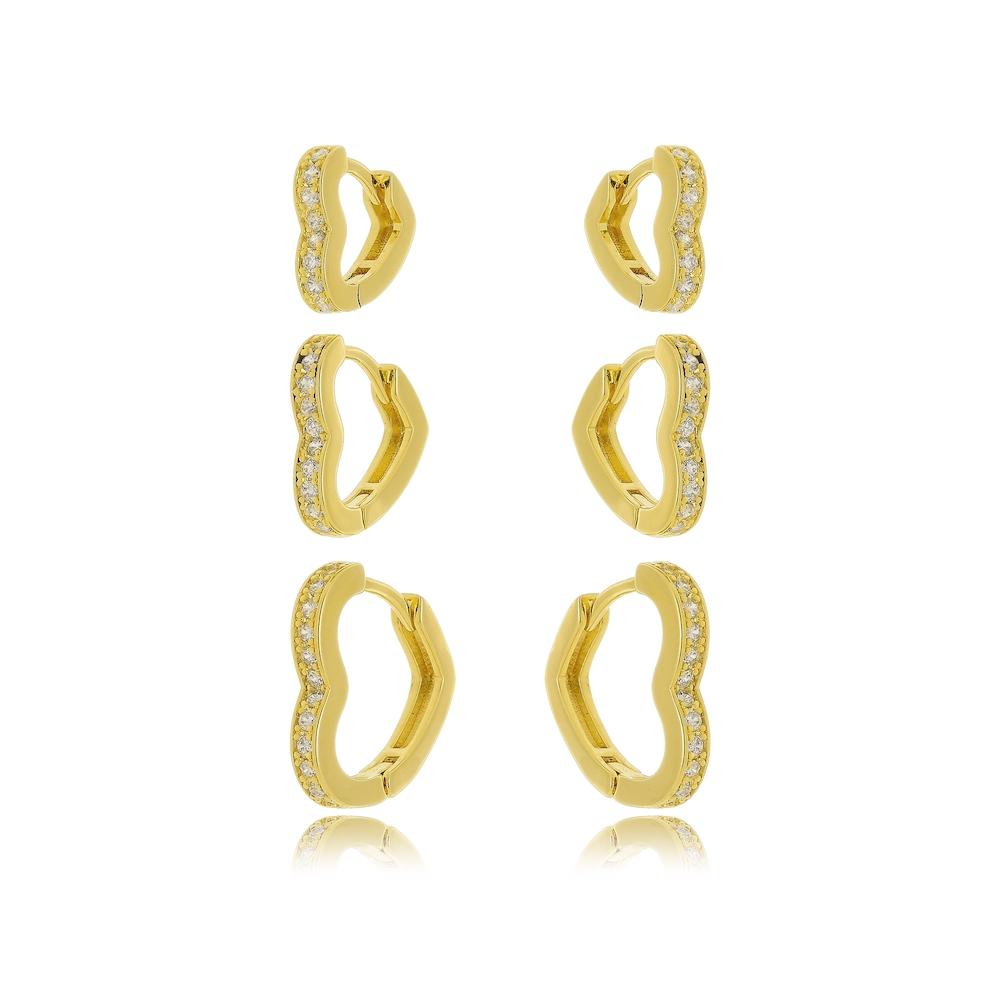 Brinco de trio de argola de coração cravejado banhado a ouro 18k