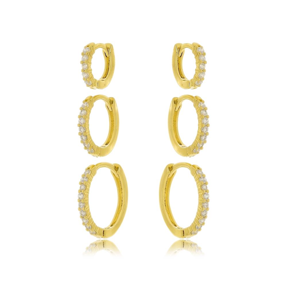 Brinco trio de argola redonda fina cravejado com zircônia banhado a ouro 18k