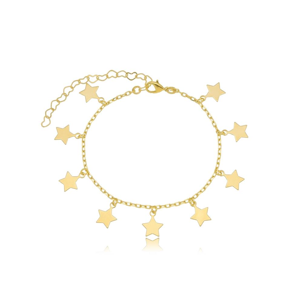 Pulseira com pingentes de estrela lisos banhada a ouro 18k