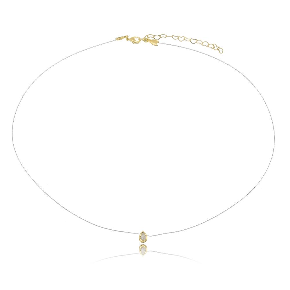 Colar ponto de luz com formato de gota e linha invisível banhado a ouro 18k