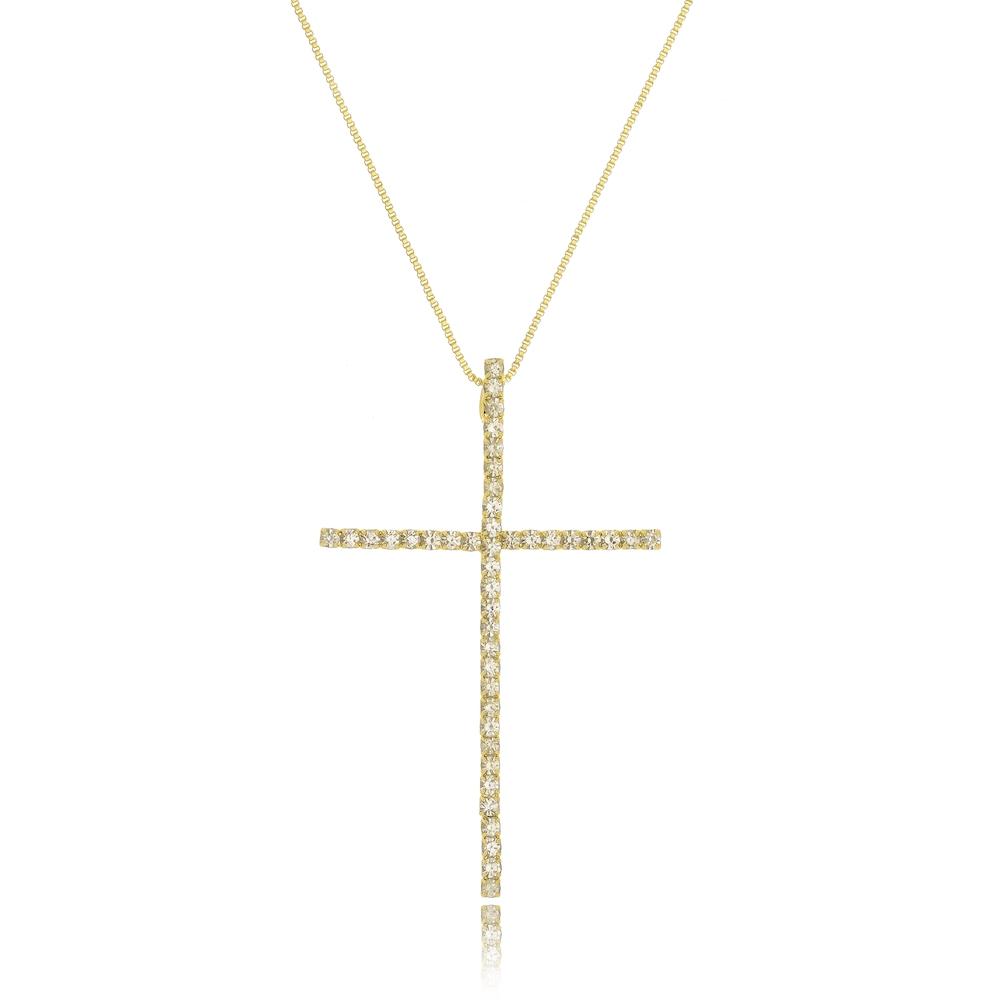 Colar com pingente de cruz no strass cristal folheado a ouro 18k