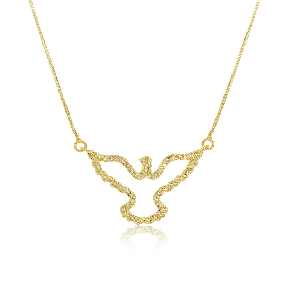 Colar com pingente de pomba Espirito Santo cravejado com zircônia folheado a ouro 18k