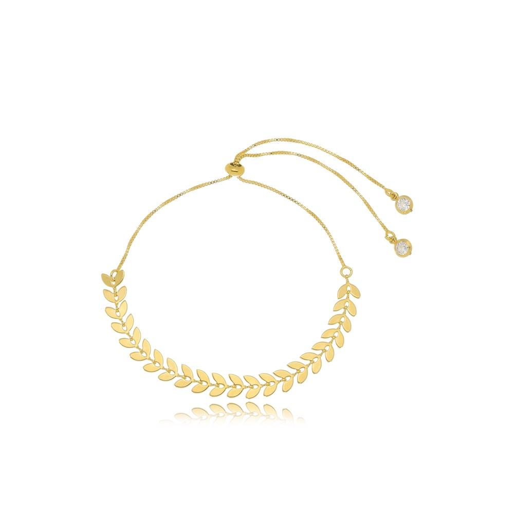 Pulseira regulável folha de oliveira escama folheada a ouro 18k