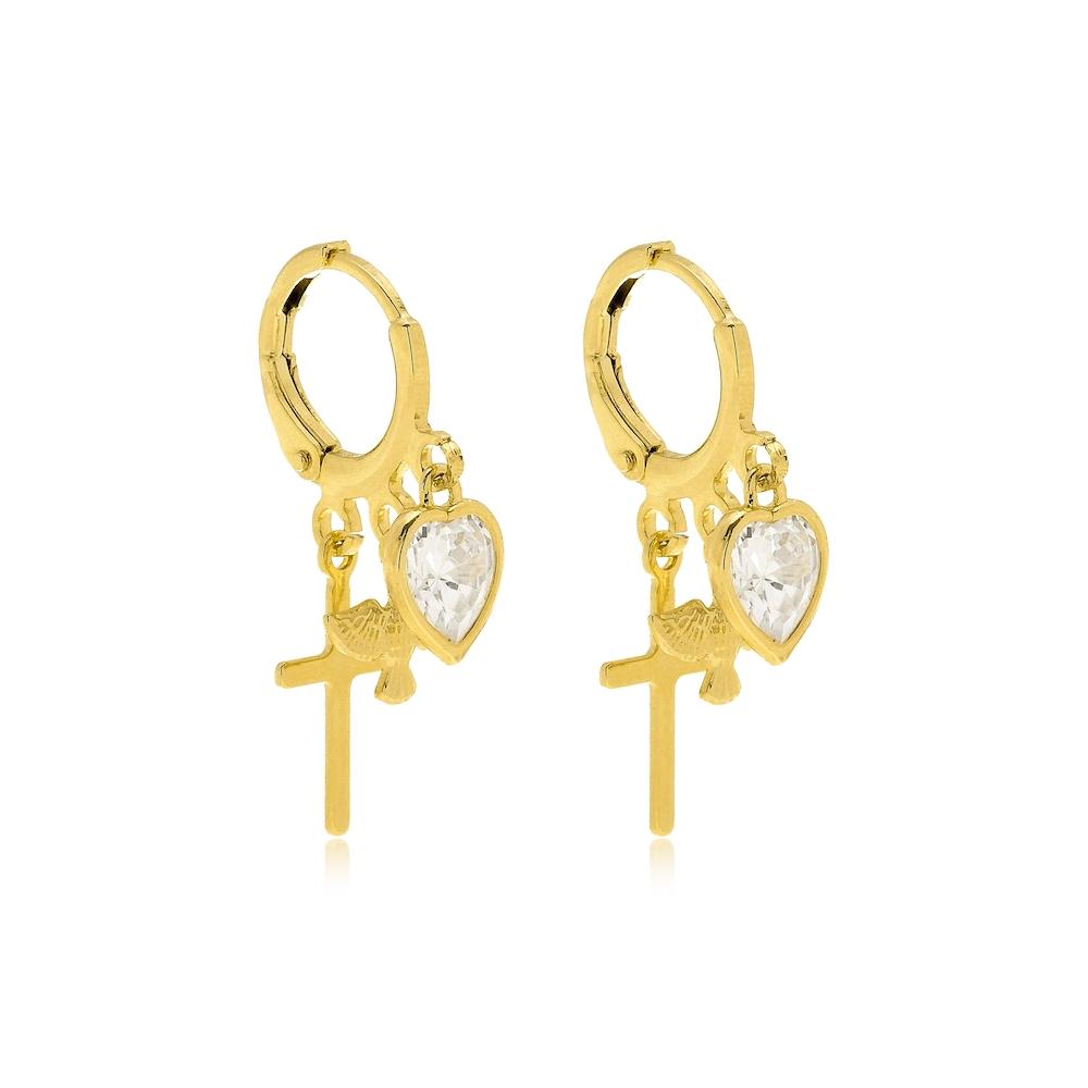 Brinco argolinha click com pingentes religiosos folheado a ouro 18k