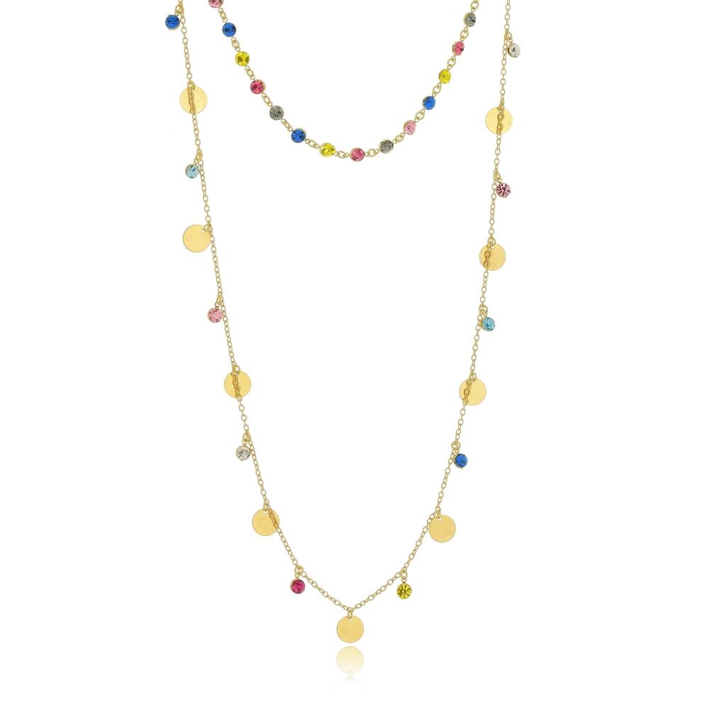  Mix de Colar com pingentes de pontos de luz coloridos e moedas lisas folheado a ouro 18k