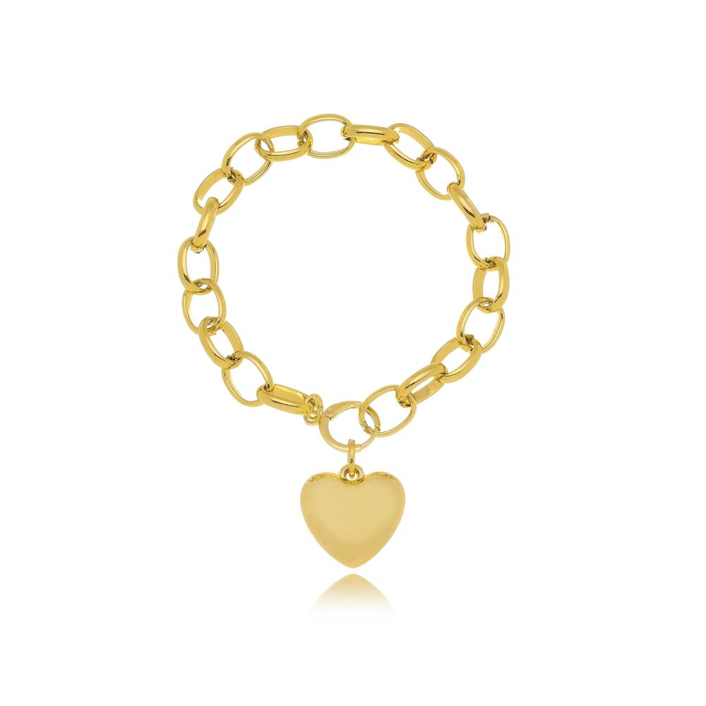 Pulseira de elo português grande com pingente de coração folheado a ouro 18k 