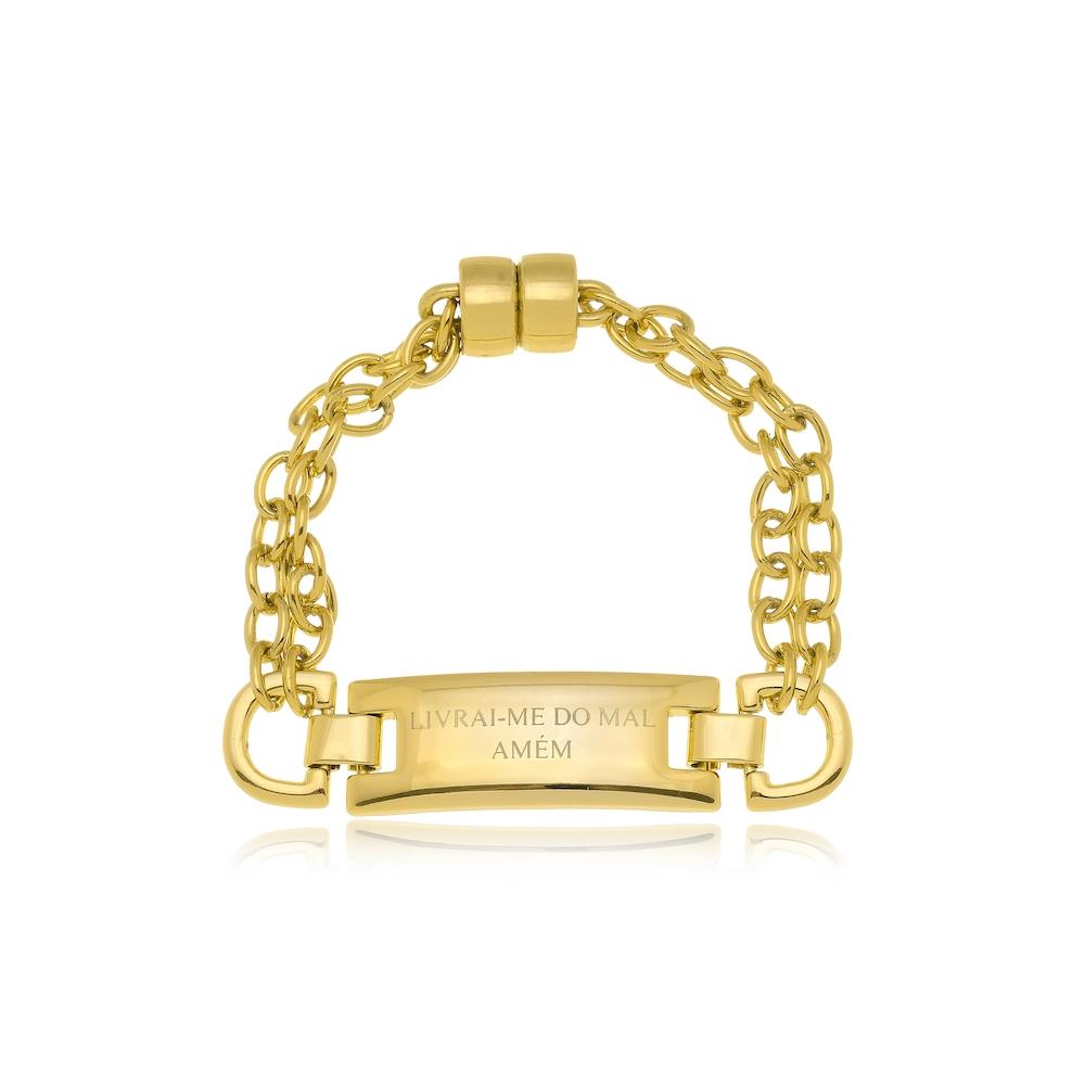 Pulseira de elos com pingente de placa religioso Livrai-me do mal amém e fecho de imã folheado a ouro 18k 
