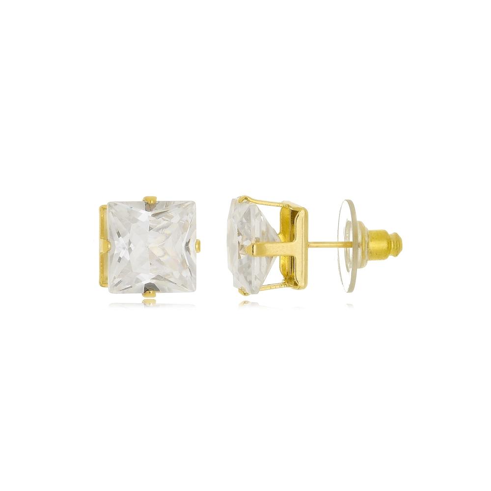 Brinco de carré quadrado com zircônia cristal banhado a ouro 18k 