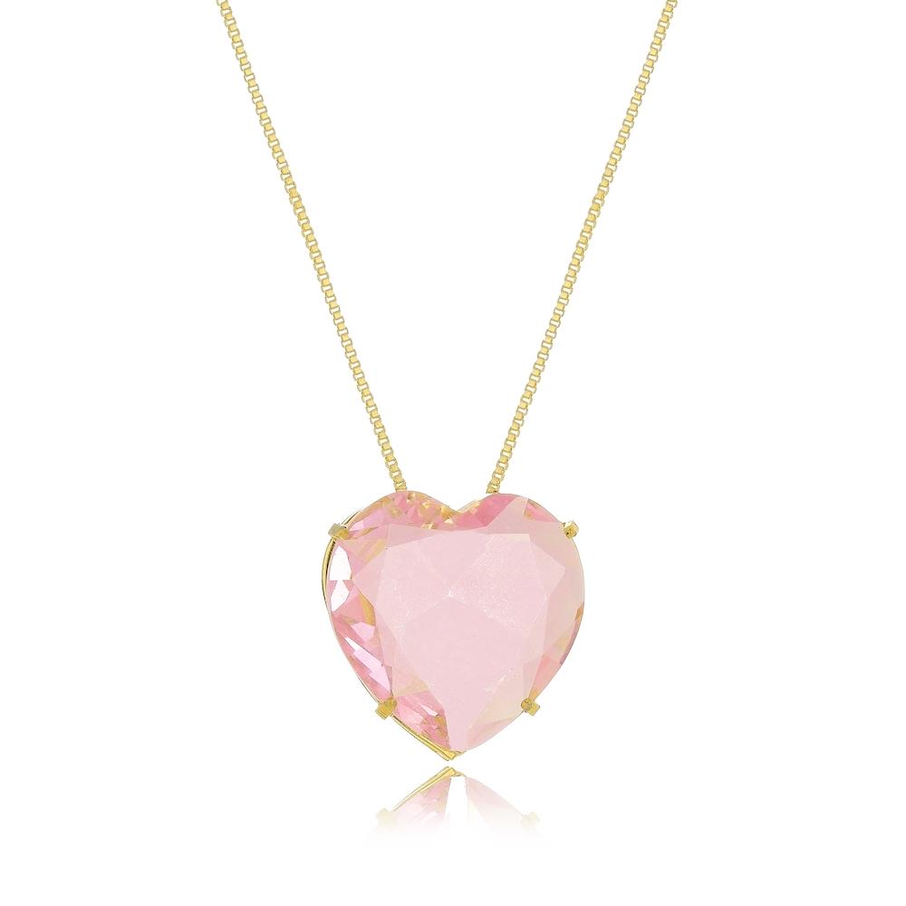Colar longo de coração médio cravejado com zircônia banhado a ouro 18k