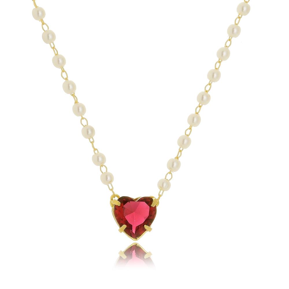 Colar Helena de pérolas com pingente de coração banhado  a ouro 18k