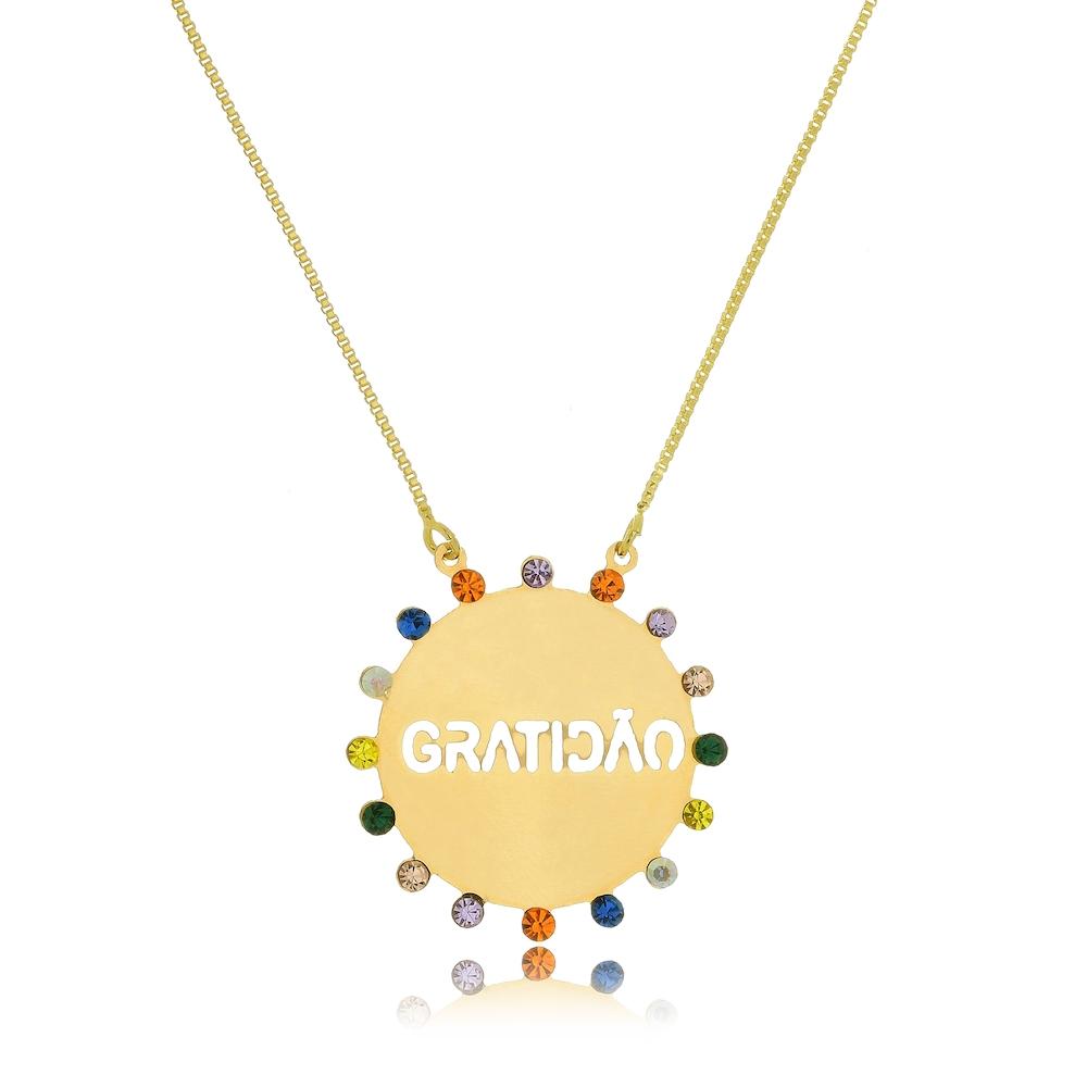 Colar gratidão com strass coloridos folheado a ouro 18k