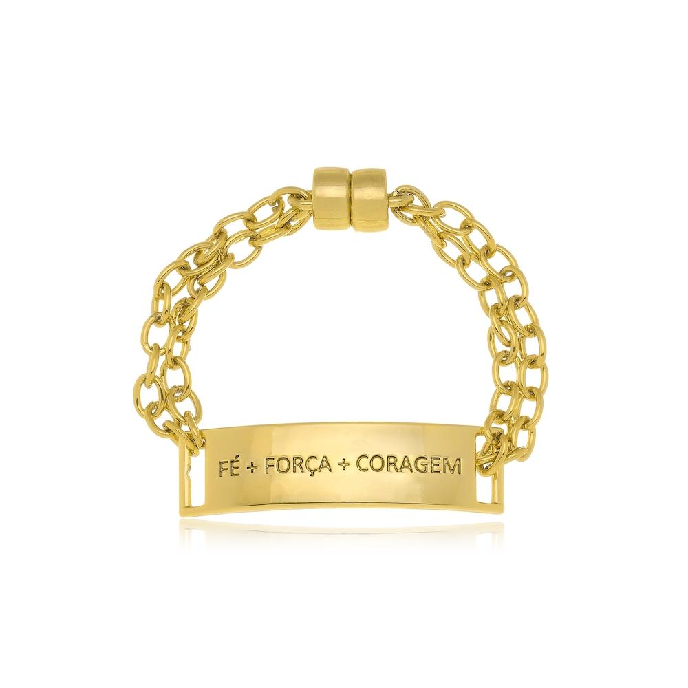 Pulseira com elos e fecho imã com pingente de placa Fé + Força + Coragem  com fecho de imã folheado a ouro 18k 