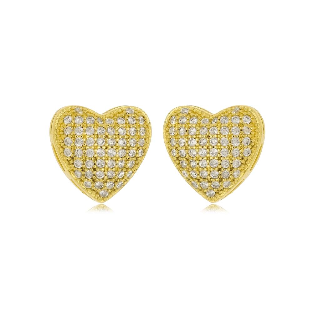 Brinco de coração cravejado com zircônia folheado a ouro 18k