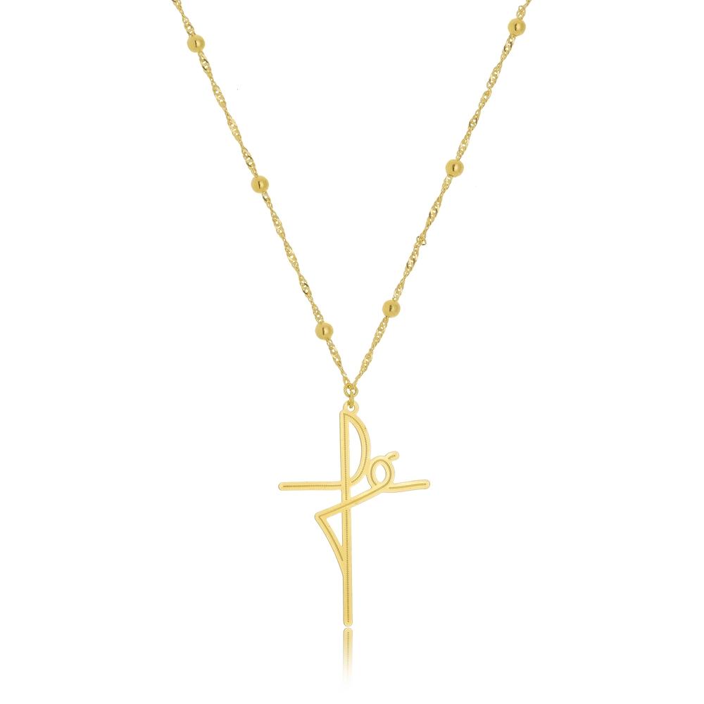 Colar longo com micro bolinhas e pingente grande de fé banhado a ouro 18k