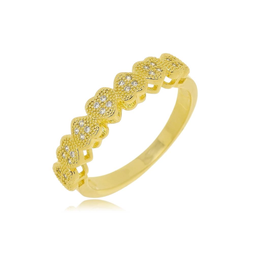 Anel corações cravejado com zircônia banhado a ouro 18k