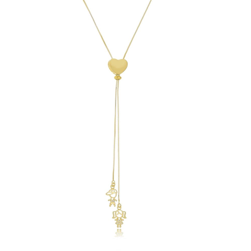 Colar coração gravata personalizado com dois pingentes folheado a ouro 18k