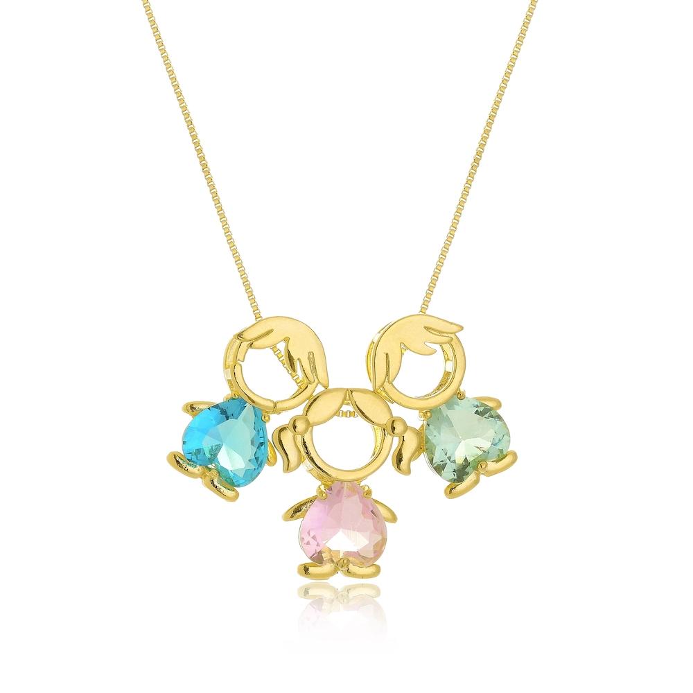 Colar personalizado filhos com 3 pingentes de zircônia banhado a ouro 18k