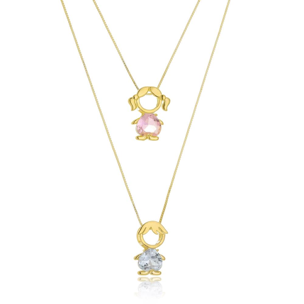 Colar duplo com 2 pingentes filhos de zircônia banhado a ouro 18k