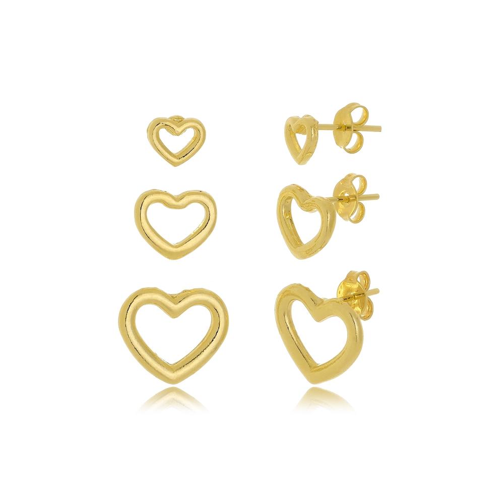 Trio de brincos de coração folheado a ouro 18k 