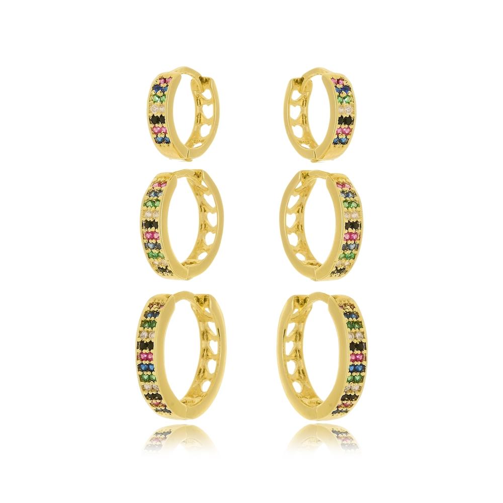 Trio de argolas coloridas folheado a ouro 18k